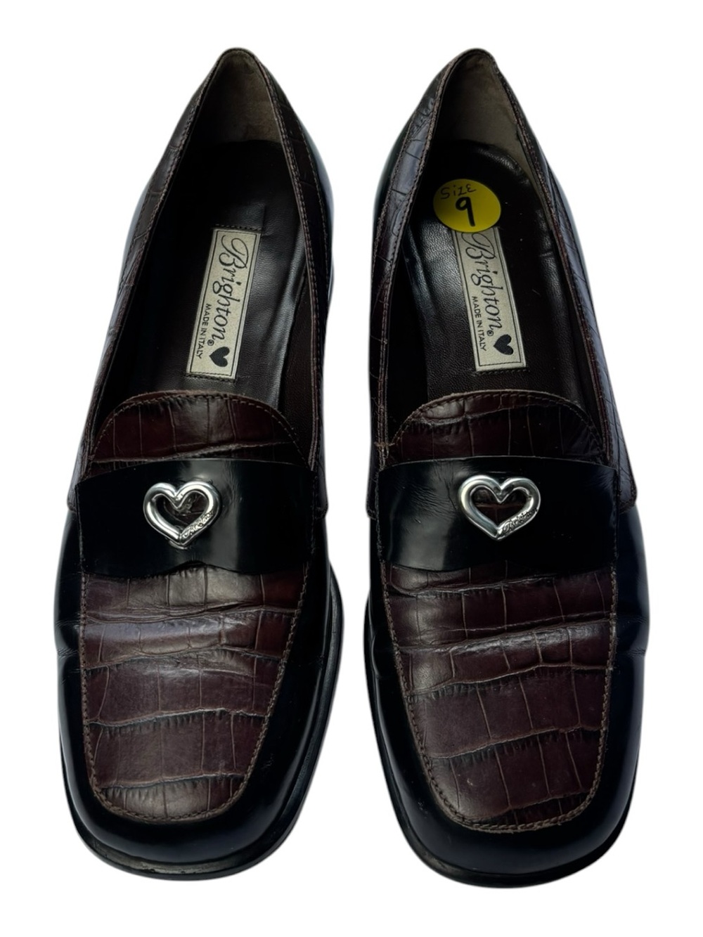VTG Brighton Jessi Black & Dark Brown Leather Loafer Silver Heart Womens Size  9
